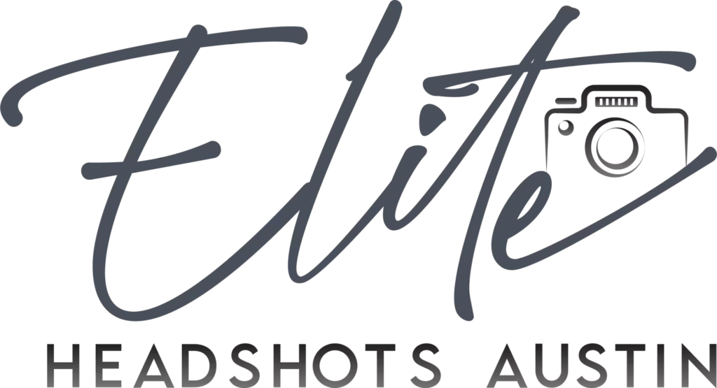 A logo for Elite Headshots Austin. The word "Elite" is written in a large, elegant script font in dark gray. Incorporated into the design of the letter "i" is a graphic of a camera. Below "Elite," the words "HEADSHOTS AUSTIN" are written in a smaller, uppercase sans-serif font in dark gray.